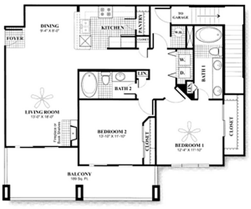Floor plan for 2 beds, 2 baths, 1158 sqft